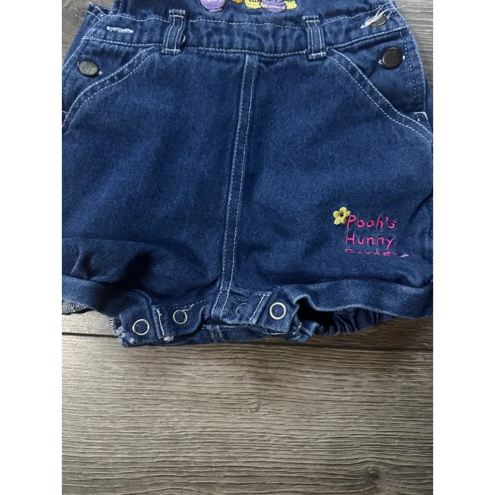 Vintage Disney Winnie the Pooh Denim Shortalls 18M Snap Bottom Y2K Embroidered